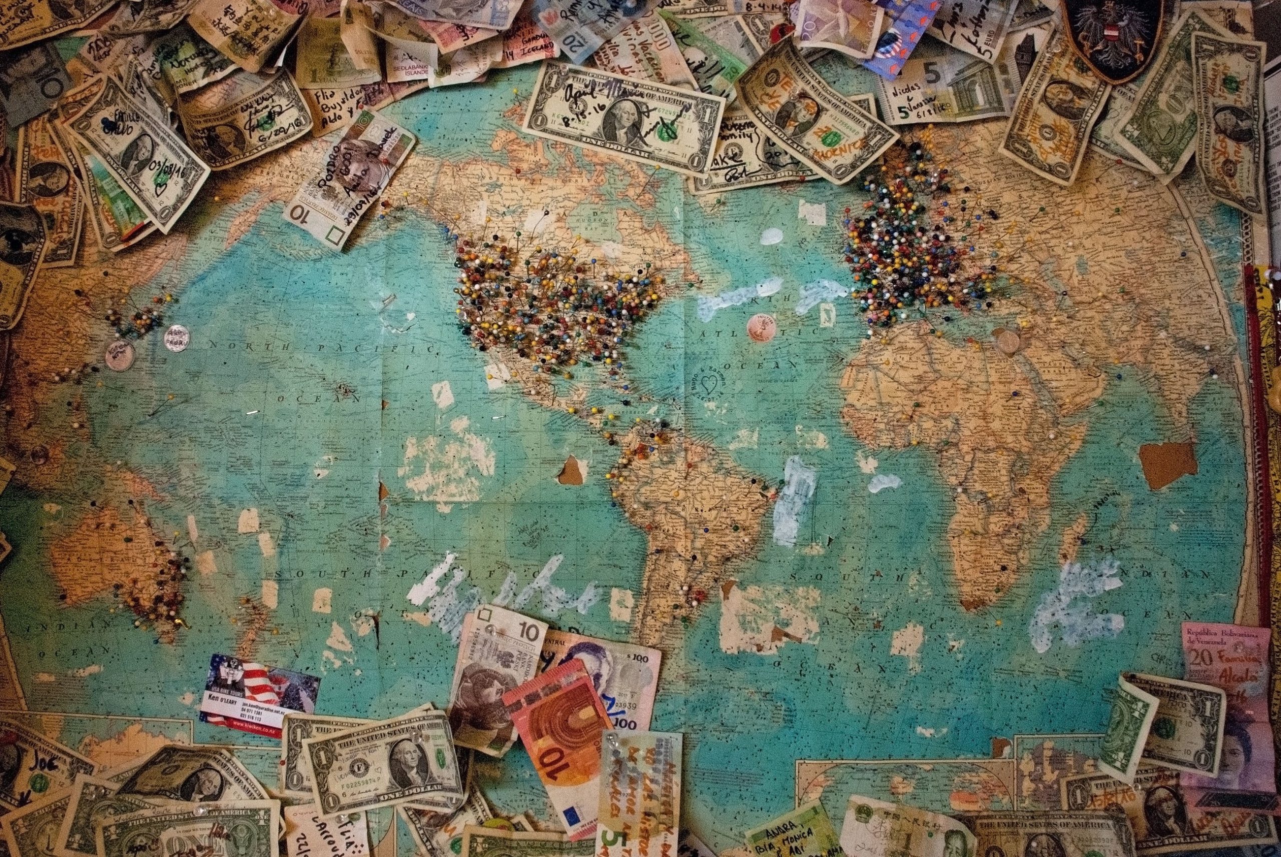 World Map Image with Currency and push pins
